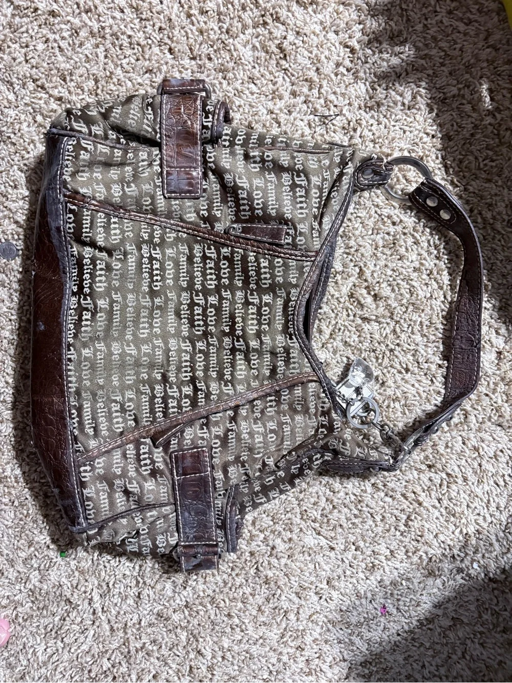 Brown Script-Pattern Messenger Bag with Dark Trim